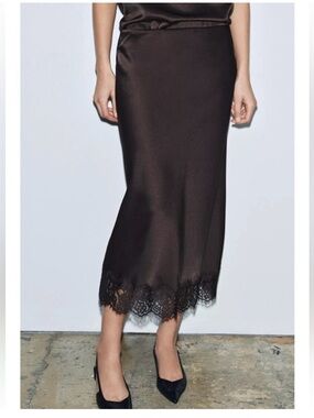Zara Satin Lace-Hem Midi Skirt in Dark Brown, S